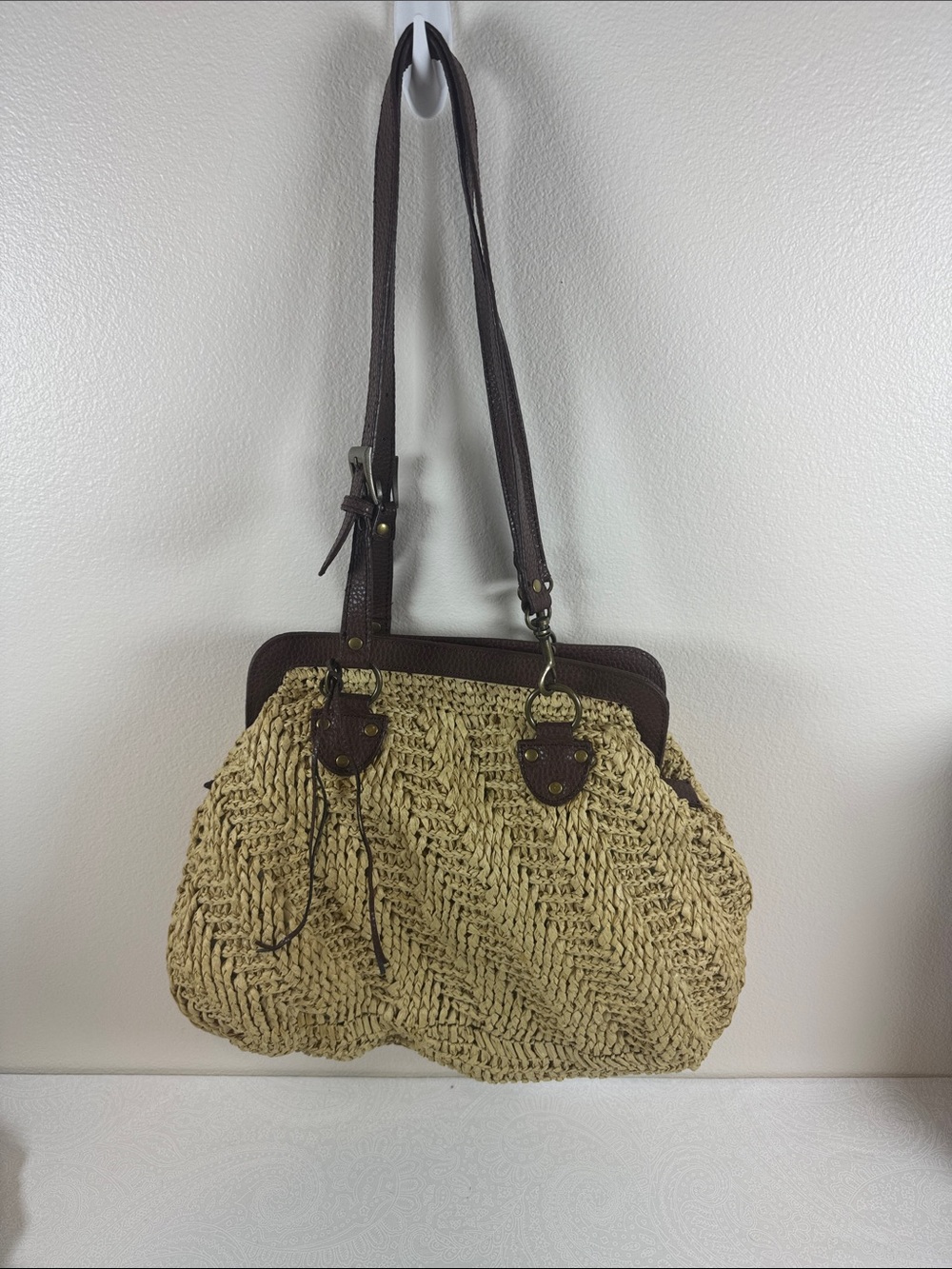 Woven Straw Shoulder Bag with Dark Brown Trim